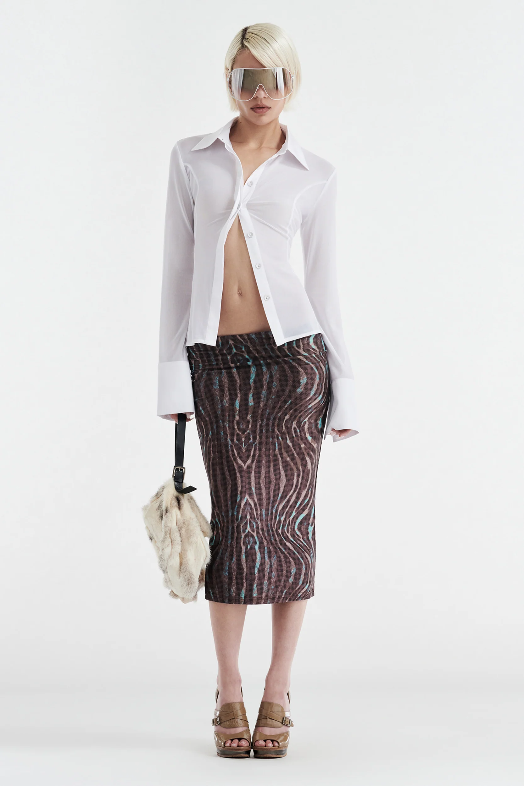 SOLANGE MESH LONG SLEEVE BUTTON UP SHIRT - WHITE - Image 4